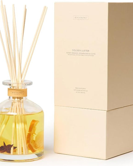Benevolence LA Reed Diffuser, Orange, Cedarwood & Clove Scent Diffuser for Home with Oil Diffuser Sticks | Sun Kissed Collection Diffusers for Home