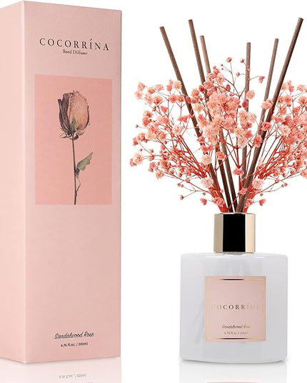 Cocorrína Premium Reed Diffuser Set with Preserved Baby's Breath & Cotton Stick Sandalwood Rose | 6.7oz Scent Fragrance Oil Diffuser for Bedroom Bathroom Home Décor