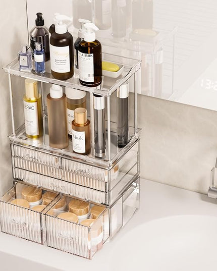 2-Tier 5-Drawer Bathroom Countertop Organizer : Multi-Purpose Makeup Organizer Countertop - Large Skincare Holder Exquisite Vanity Tray - Perfume & Skincare Storage Amber Clear
