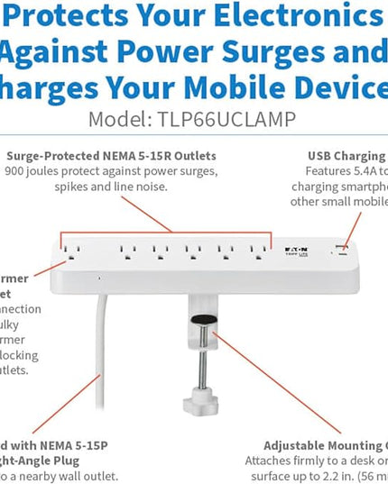 Eaton Tripp Lite Series Desk Clamp Power Strip Surge Protector, 6-Outlets, USB-A & USB-C Charging Ports, 900 Joules, 6ft Flat Extension Cord, Lifetime Manufacturer's Warranty (TLP66UCLAMP)