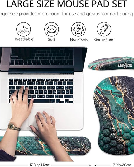 Mouse Pad Wrist Support, Laokiiy 2 in1 Keyboard Wrist Rest+ Ergonomic Mouse Pad, Non-Slip Wrist Rest for Computer Keyboard, Made Easy Typing & Relieve Wrist Pain（Green Gold Black Marble）