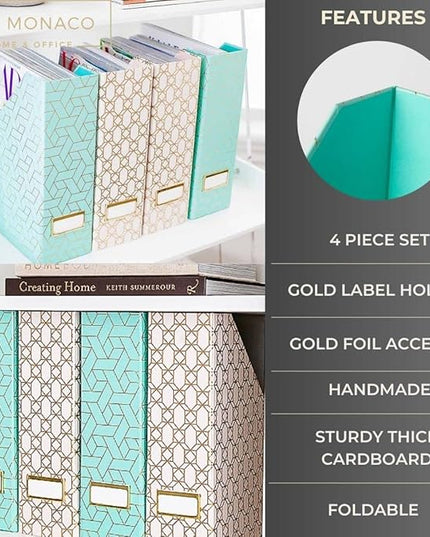 BLU MONACO | Set of 4 Foldable Pink & Aqua Magazine File Holders with Gold Geometric Patterns | Vertical File Organizer Boxes with Gold Label Holders for Home & Office