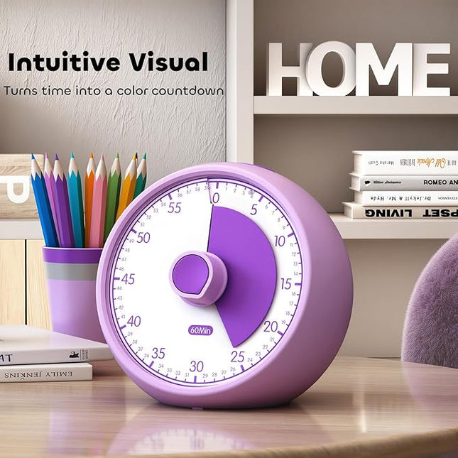 Conchstar Visual Timer for Kids 60-Minute - Countdown Timer with Optional Alarm, Focus Tool for ADHD & Autism, Time Management for Homework, Chores, Office, Kitchen, Teaching & Study Routines (Purple)