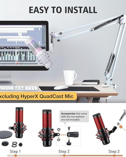 For HyperX QuadCast S White Boom Arm - White Mic Arm Compatible with Hyper x QuadCast, Microphone Boom Arm with Pop Filter, Improve Sound Quality, Mic Boom Arm for Hyperx QuadCast by SUNMON