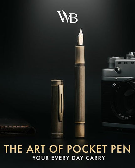 Wordsworth and Black Fountain Pen Mini EDC: Luxury Bronze Heavy Pocket Pen, Medium Nib, 6 Ink Cartridges, Ink Converter, Travel Refillable Writing Pen Gift Set, Men & Women