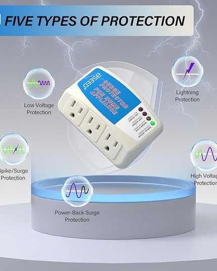 BSEED Surge Protector for Home Appliance 3 Outlet Surge Protector for Refrigerator Voltage Protector for TV, PC, PS5, Air-Conditioning and Other Valuable Household Electronic 125V, 1875W, 4 Pack