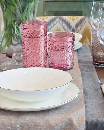 Pink Glassware set of 4, Vintage Drinking Glasses, 10oz Pink Heavy Duty Glass Cups, Old Fashioned Glass, Embossed Glasses Set for Party Wedding Home Office Glassesware Gift