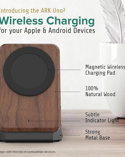 ARK Uno² - Solid Wood Phone Stand Magnetic Wireless Charging Station w/Adapter & USB to USBC 15W Wireless Charger. Home, Office, Kitchen,Best Mens Gifts!