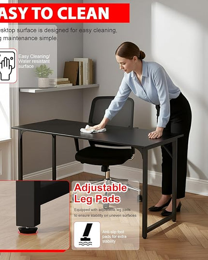 PayLessHere | 55 Inch Computer Desk | Black | Office Desk with Metal Frame, Adjustable Feet | Water-Resistant, Scratchproof Surface | Sturdy Writing Table for Home Office or Study | Pack of 1