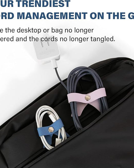 SenseAGE 5 Pack Cord Organizer, Bow Cord Keeper, Cable Organizer USB Holder, Leather Cable Management, Cable Straps, Earphone Winder, Storage Straps for Electronics, Earbuds, Big, Random Blue