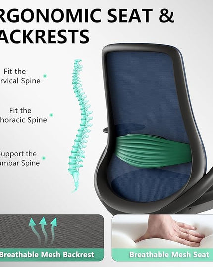Ergonomic Office Chair, High Back Mesh Desk Chair with Lumbar Support, 360° Swivel & Slide-Adjustable Arms, Tilt Lock and Recline, Breathable Task Chair for Home Office & Gaming (Blue)