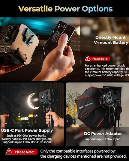 SmallRig RC 100B COB Video Light, 100W Bi-Color 2700K-6500K, Type-C PD Fast Charging, Built-in Battery Plate, with App Control for Photography, Photo Studio, Standard Version (Without Battery) 4893