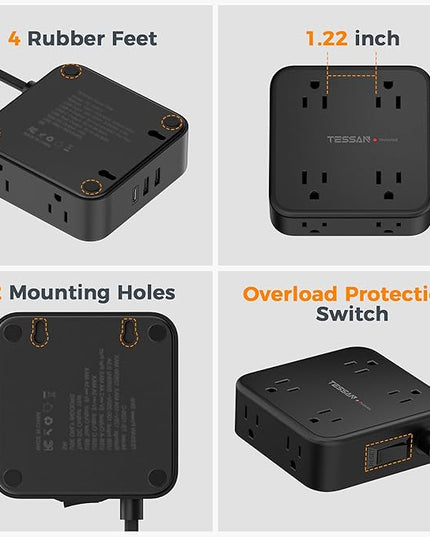 TESSAN 10 Ft Flat Plug Extension Cord with Multiple Outlets, Surge Protector Power Strip with 3 USB(1 USB C) 8 Outlets, 900J Protection, Desk Charging Station for Home, Office, Dorm Room, Black