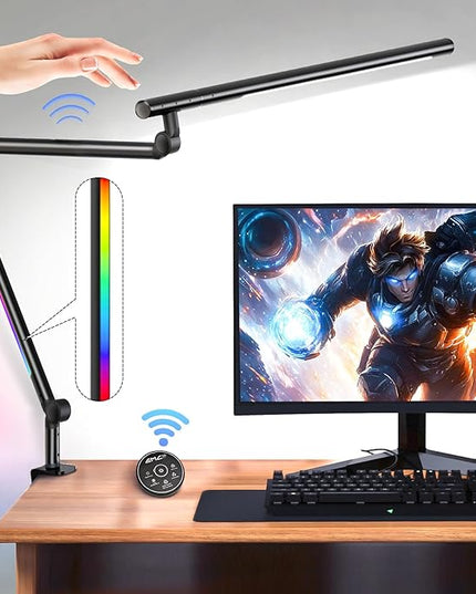 LED Desk Lamp with Clamp, 18W Architect Desk Lamp with Dual Light, Flexible 3 Sections Swing Arm, with RGB Light, with Remote, with Sensor Switch, Stepless Dimming, 4 Color Mode & 5 Brightness