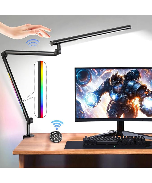 LED Desk Lamp with Clamp, 18W Architect Desk Lamp with Dual Light, Flexible 3 Sections Swing Arm, with RGB Light, with Remote, with Sensor Switch, Stepless Dimming, 4 Color Mode & 5 Brightness