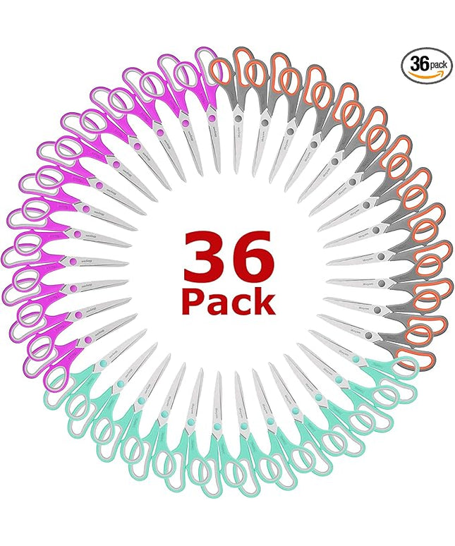 iBayam 8 '' Multipurpose Heavy Duty Scissors Bulk 36-Pack, 2.5mm Thickness Ultra Sharp Blade Shears with Comfort-Grip Handles for Household School Office Supplies, Right/Left Hand Tools