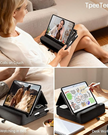 TpeeTeek Tablet Pillow Stand with Storage, Foldable iPad Holder for Lep, Bed, Sofa, and Desk - Soft Pad Dock with Pocket and Stylus Mount Compatible with 4-13" iPad Pro/Air/Mini, Galaxy Tab, Kindle