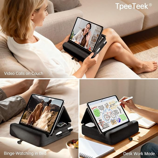 TpeeTeek Tablet Pillow Stand with Storage, Foldable iPad Holder for Lep, Bed, Sofa, and Desk - Soft Pad Dock with Pocket and Stylus Mount Compatible with 4-13" iPad Pro/Air/Mini, Galaxy Tab, Kindle