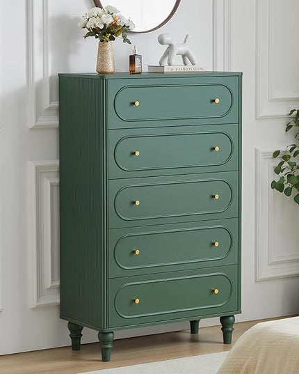 5 Drawer Fluted Dresser for Bedroom Set of 2, Mid Century Modern Chest of Drawers, Wood Storage Large Dresser Organizer for Bedroom Living Room Hallway Closet, Green