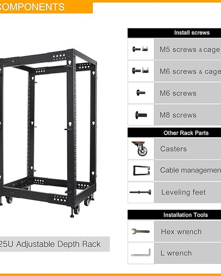 RIVECO 25U Server Rack Adjustable Depth Network 4 Post Cabinet Open Frame with Leveling Feet & Wheels Fully Rivets 1400 LBS