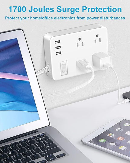 Jgstkcity Outdoor Waterproof Power Strip, 4 Flat Plug Outlets and 3 USB Ports, Mountable Weatherproof Surge Protector, Multi Outlet Extension for Camping, Garden, Kitchen, Bathroom, 6ft Cord (White)