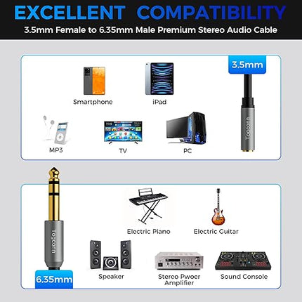 3.5mm to 6.35mm TRS Audio Cable Adapter 2Pack,6.35mm 1/4 Inch TRS Male to 3.5mm 1/8 Inch Female AUX Audio Converter Connector for Amplifier, Guitar, Piano, Speaker to Phone, Laptop, Headphone-0.6 Feet