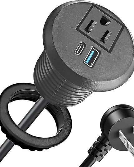 Desktop Power Outlet,2-inch Built in Power Strip,Slim Flat Plug Power Outlet,1 USB and 1 Type-C,20W PD Fast Charging,Home,Desk,6.5 Ft Cable (Black)
