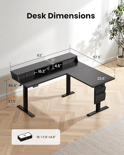 ErGear L Shaped Electric Standing Desk, 63" Ergonomic Corner Height Adjustable Desk with Drawers, Sit Stand Computer Table with Storage for Work Office Home, Black