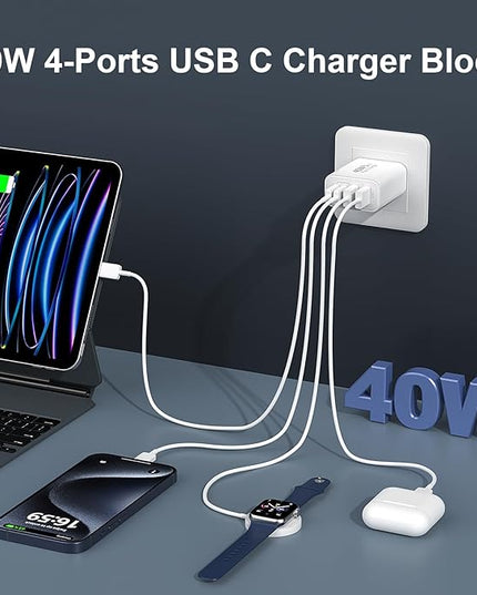 40W USB C Charger Block for iPhone 17/17 Pro/17 Pro Max/Air/16/16 Pro/16 Pro Max/16 Plus/15/15 Pro Max/14 13 12 11 Pro Max XS XR X, 4-Port PD+QC Multiport Power Adapter Type C Fast Charging Brick Cube