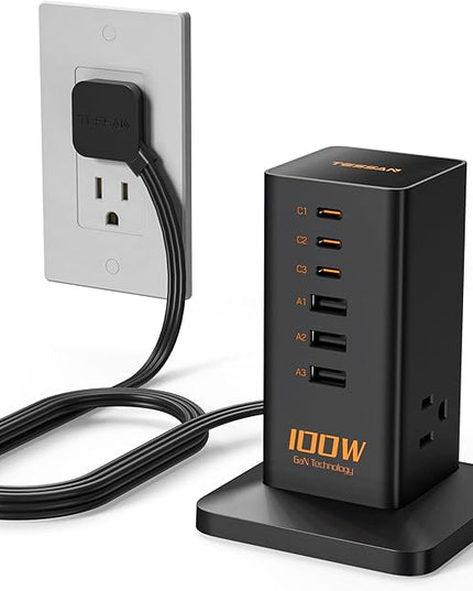 Charging Station PD 100W, TESSAN 9-in-1 USB C Power Strip for iPhone 17/16/15, MacBook, Tablet, Desktop Phone Fast Charger with 3 AC, 3 USB-A Ports, Home Drom Office Accessories