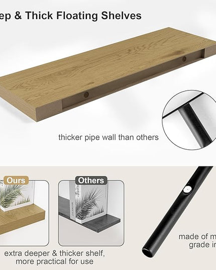 12" Deep Oak Floating Shelves,Over Toilet Long Wall Mounted Modern Farmhouse 36 inches,Wall Shelves with Invisible Brackets for Bedroom, Bathroom, Living Room, Kitchen, Set of 1
