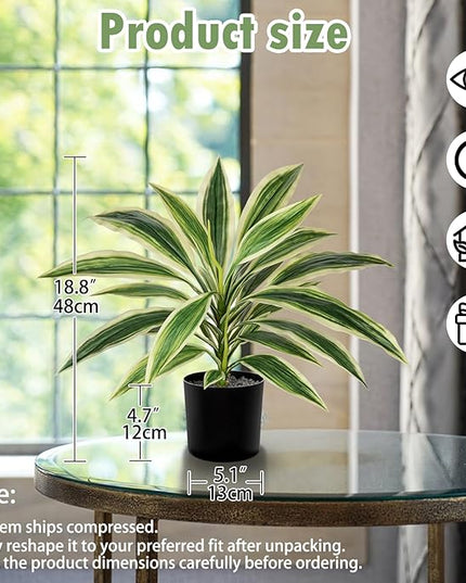 Artificial Plants Indoor with Pot, 18" Fake Potted Plants Medium Artificial Dracaena Plant in Black Pot Faux Tropical Plants for Bathroom Living Room Office Desk Shelf Decor