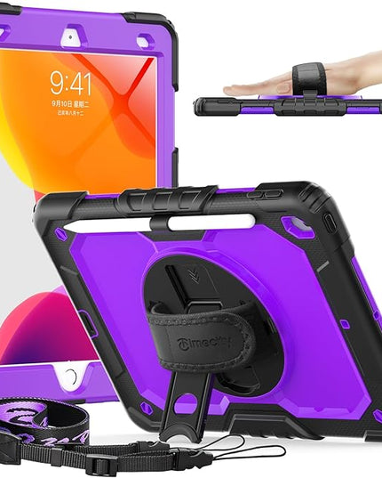 Timecity Case for iPad 9th/ 8th/ 7th Generation 10.2 inch - Heavy Duty Protective Cover with Screen Protector, Rotating Stand, Shoulder Strap & Pencil Holder | Kids-Friendly (Purple)