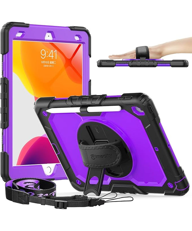 Timecity Case for iPad 9th/ 8th/ 7th Generation 10.2 inch - Heavy Duty Protective Cover with Screen Protector, Rotating Stand, Shoulder Strap & Pencil Holder | Kids-Friendly (Purple)