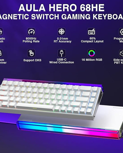 AULA Hero 68 HE 60% Gaming Keyboard Wired, Hall Effect Magnetic Switch Keyboard with Adjustable Actuation, Fast Trigger Mode, 8K Hz Polling Rate, 0.125ms Latency,Side Printed PBT Keycaps, RGB Backlit