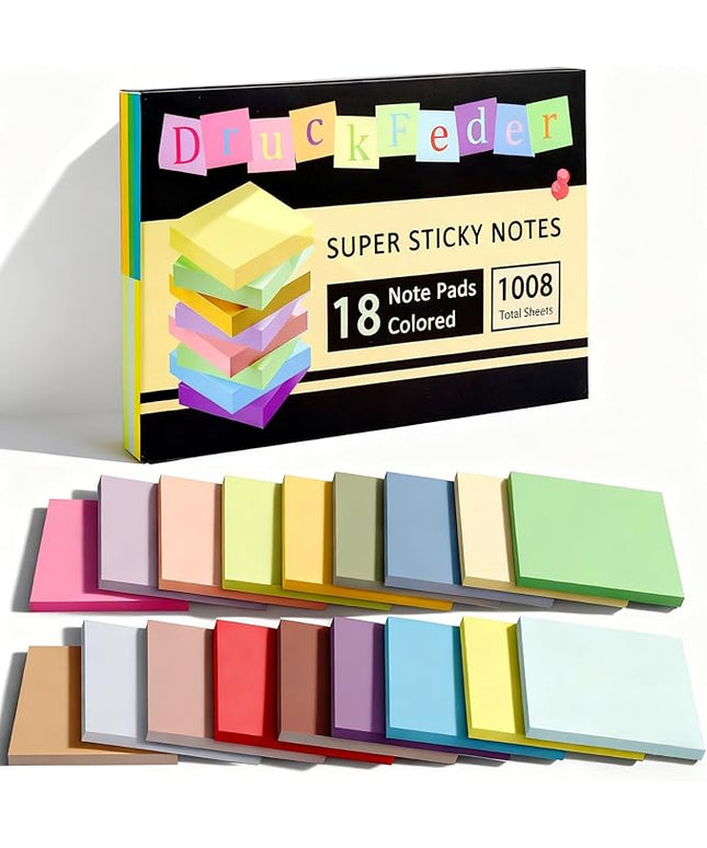 (18 Pads) Sticky Notes 3x3 inch, Self-Stick Note Pads, 18 Colorful Sticky Note for School Supplies or Office Supplies