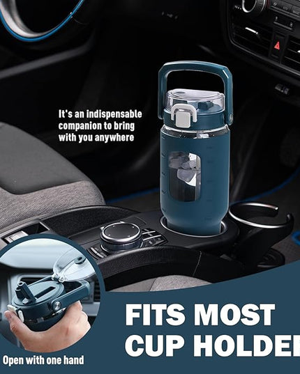 BLUEGO 40oz Glass Tumbler with Lid and Straw, Glass Water Bottles with Handle, Glass Cup with Time Marker and Silicone Sleeve, Fits Most Cup Holder, Leak-proof, Dark Blue