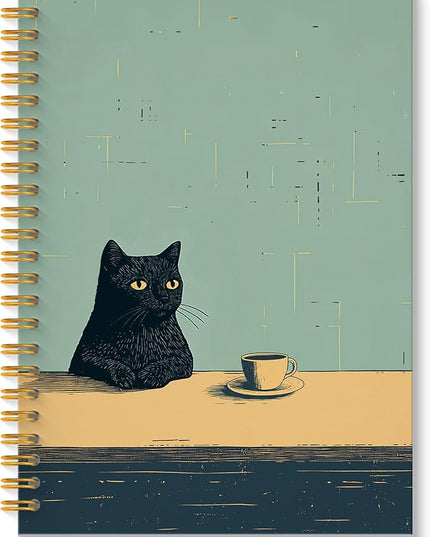 Vintage Coffee Black Cat Spiral Notebook, Black Cat Gifts Journal, Cats Lovers Mom Lady Gifts Journal Notebook, 5.5x8.3 Inch