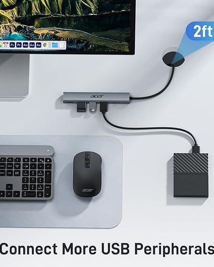 Acer USB C Hub 5 in 1 with 4K HDMI, 100W Power Delivery, 3 USB A Data Ports, USB C to HDMI Multiport Adapter for Laptop, PC, Tablet, MacBook Pro/Air, iPad Air/Pro, iMac, iPhone 15/16 Pro/Pro Max (2ft)