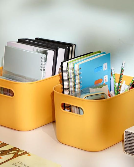 Hoolerry 8 Pieces Colorful Storage Bins with Lid, Plastic Storage Basket Organizing Container Stackable Box with Handle for Shelves Desktop Playroom Office(10.2 x 7 x 6.3 Inch,Yellow)