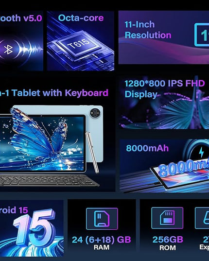 11 Inch Tablet Android 15 Tablet, 2026 Tablets with keyboard, 24GB+256GB+2TB Expand, 2 in 1 Tablets with Case Mouse Stylus, 8000mAh Battery, Octa-Core, Supports Widevine L1, 5G WiFi, GPS (Black Case)