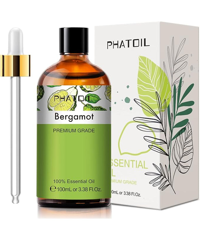 PHATOIL 3.38FL.OZ Bergamot Essential Oil, for Aromatherapy Diffusers, Humidifiers, Great for DIY Candle and Soap Making, Huge 100ML Bottle