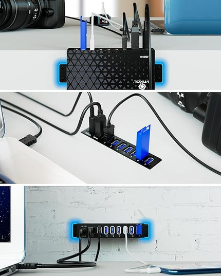 7 Port USB 3.0 Hub - Powered USB Hub –Multiple USB Splitter with Built-in 12V/3A/36W Power Adapter - Up to 5Gbps Sync & High-Speed Data Transfer - Mounting Brackets for Phone MB Laptop Tablet PC