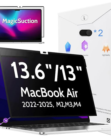 Peslv Privacy Screen for MacBook Air 13.6/13 Inch (2022-2025, M2, M3, M4) - A2681, A3113, A3240 MagicSuction™ Removable Anti Spy Black Protector, Glare Blue Light Filter for Mac Laptop Computer