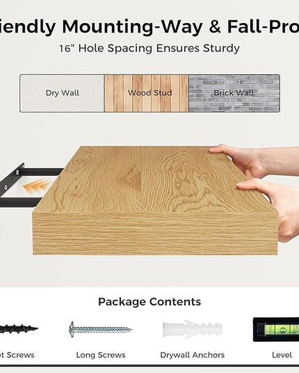 Fun Memories 12 Inch Floating Shelf, Rustic Wood Wall Shelves for Wall Decor & Storage, 12 x 12 Floating Shelf for Living Room, Bathroom, Bedroom, Oak, Set of 2