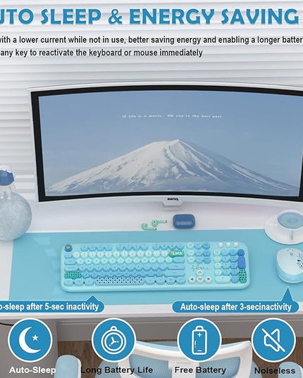Wireless Keyboard Mouse Combo, MOFII 104 Round Keys Lovely Full-Size Cute Colorful Keyboard and Mouse with Retro Typewriter for PC/Mac/Laptop/Tablet/Computer/Windows Blue