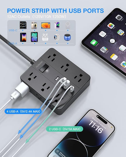 Flat Plug Surge Protector Power Strip, HUNIAN 12 Widely Spaced Outlets with 6 USB Charger (2 USB C Ports), 10 Ft Extension Cord Desk Charging Station for Home Office Supplies, Dorm Room, Black