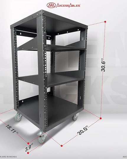 AxcessAbles 16U Open Frame Network & AV Rack with Caster Wheels, Two 2U Shelves, 10-32 & Cage Nut Compatible Rails, Cage Nuts, Screws, Cage Nut Tool & Wall Mount Kit | 19-Inch Equipment Rack