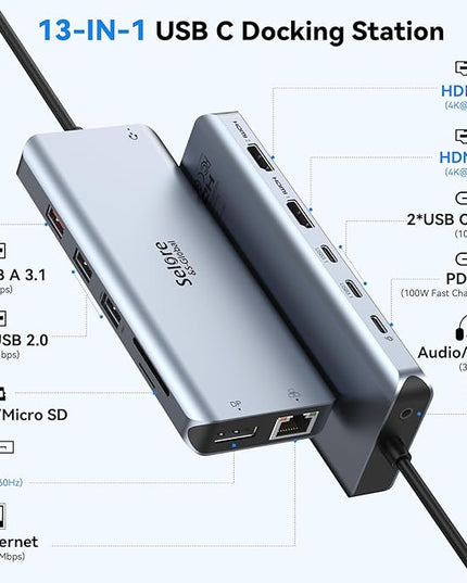 Selore USB C Docking Station Dual Monitor - 13-in-1 Triple Display 3 Monitors with Dual HDMI, DP, 100W PD, Gigabit Ethernet, 10Gbps USB A/C Ports -Laptop Docking Stations for Dell, HP, Lenovo, MacBook
