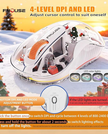 White Transparent Wireless Mouse with Cute Santa Doll, Dual Receivers (USB & Type-C), Tri-Mode Bluetooth+2.4GHz, Rechargeable Silent Portable Mice for MacBook/Laptops/PC/Office/Home